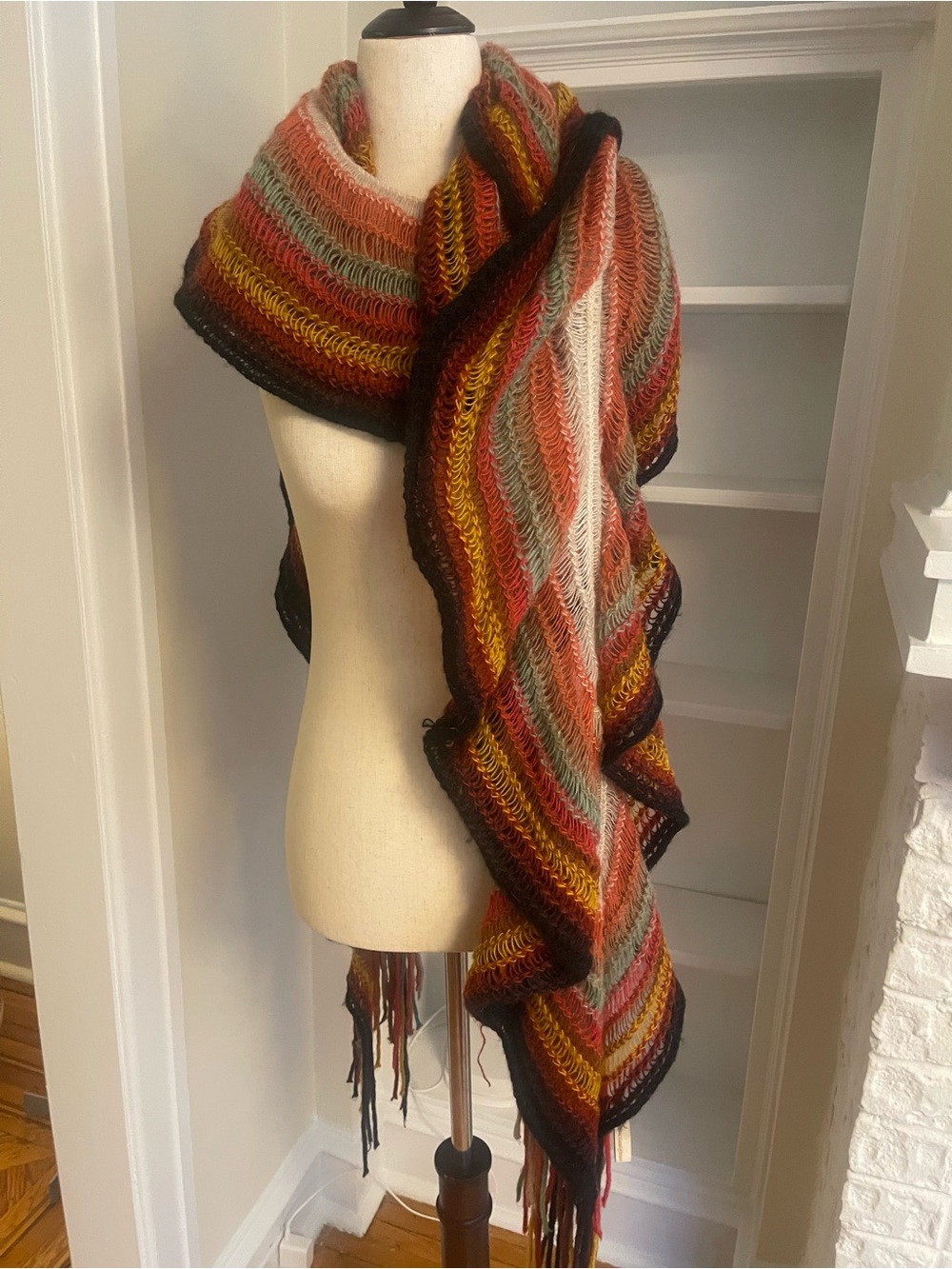 Oversized Sculptural Open Knit Wrap Shawl, Stretchy Ripple Scarf, Autumn Boho